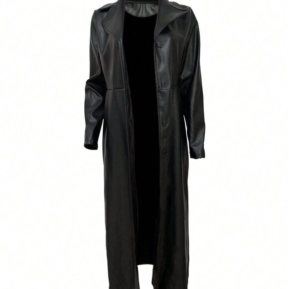 Black Elegant Women's Faux Leather Trench Coat - Picture 6 of 6